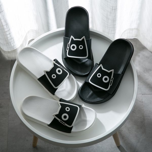 

summer women men slippers cute cartoon cat indoor bathroom slipper couple casual slides soft flat anti-slip shoes beach sandals, Black