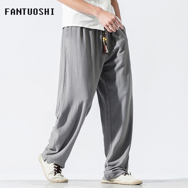 

new men's summer casual pants natural cotton linen trousers gray linen elastic waist straight loose men's pants, Black