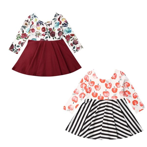 

autumn new toddler kids baby girls flower dresses cotton children dress long sleeve clothes sundress 1-6t, Red;yellow