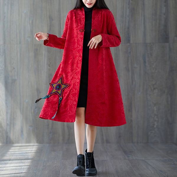 

women's trench coats autumn winter women national wind fund embroidery star long sleeve female cardigan loose casual, Tan;black