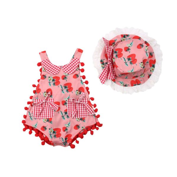 

newborn infant baby girl clothes summer bodysuits sleeveless lace strawberry jumpsuit hat 2pcs set sunsuit lovely clothes set, White