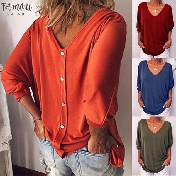 

women casual batwing sleeve blouse loose color long sleeve tee shirt lady 2020 v neck back button baggy s 5xl, White
