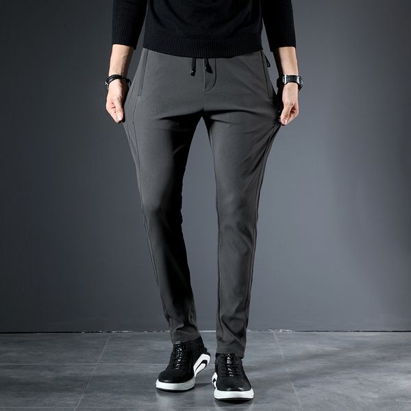 

solid color casual pants men zip pocket slim fit men's pants elastic waist trousers black darkgray lightgray male
