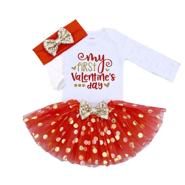 

newborn toddler kids baby girls clothes my first valentine's day plaid headband long sleeve party lace tutu bownknot skirt, White