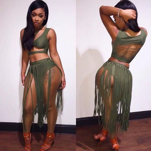 

womens designer fashion dressnightclub backless hollow two-piece green tassel dressrvck, Black;gray