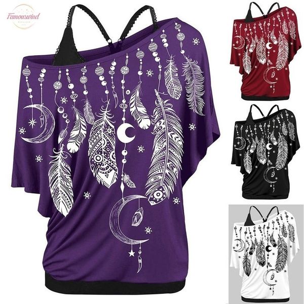 

#25women gothic fashion t shirt female round neck feather print casual shirt ladies two-piece short sleeve, White