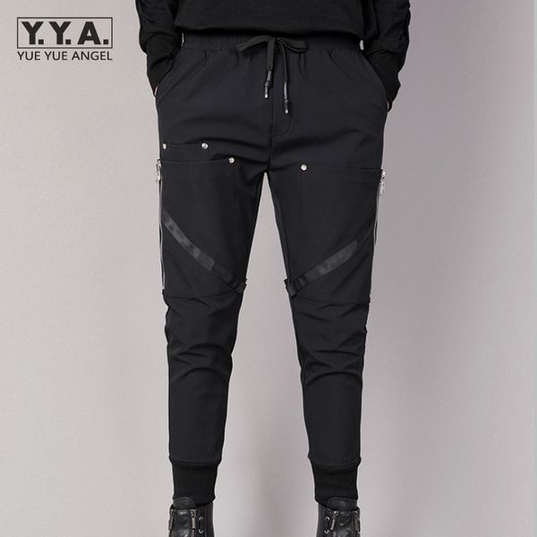 

карманы на молнии повседневные мужские брюки эластичный черный шнурок карандаш шаровары готический slim fit личность бегун спортивные брюки, Black