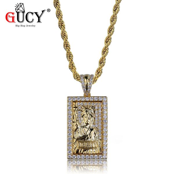 

gucy hip hop rectangle pendant necklace micro pave cubic zircon statue of liberty gold silver color plated pendants & necklaces