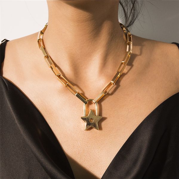 

new hip hop simple chain necklace with star lock pendant necklace punk chunky chain party goth jewelry, Silver
