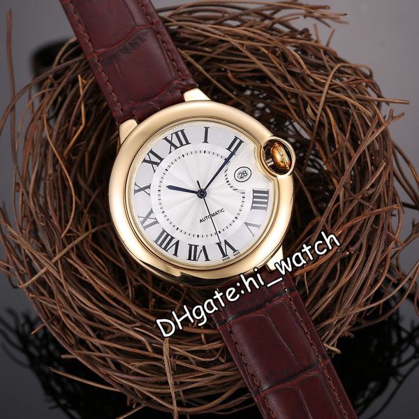 

new w6900356 automatic mens watch yellow gold silver texture dial black roma mark date watches brown leather strap sale hi_watch h02c3, Slivery;brown