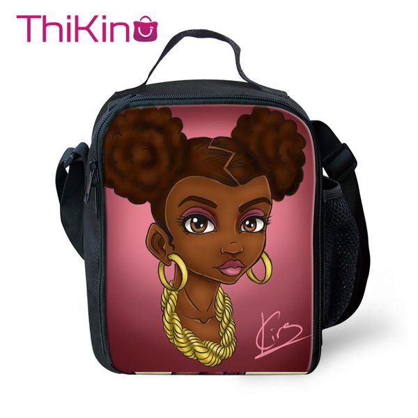

thikin cute afro girl lunch bag for teen girls bolsa termica lady fashion portable cooler box cartoon pattern tote picnic pouch, Blue;pink