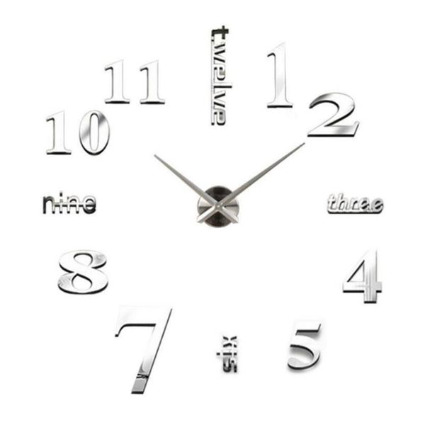 

home decoration acrylic mirror large wall clock fashion digital clock mirror wall sticker silver