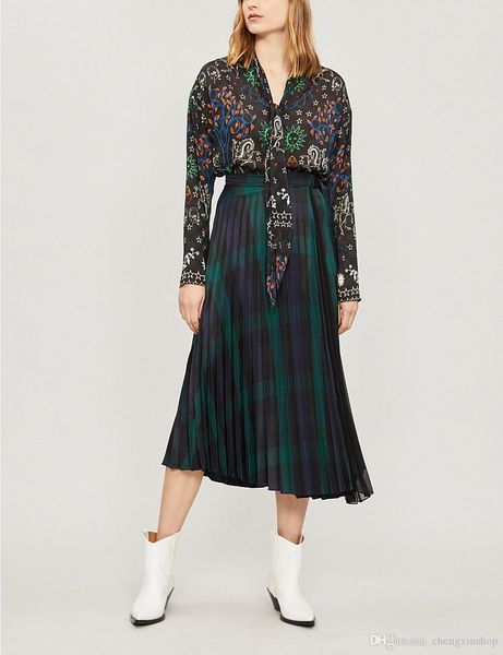 

2020 french green plaid print pleat skirt mid-calf length women trend skirts sand fall autumn j06, Black