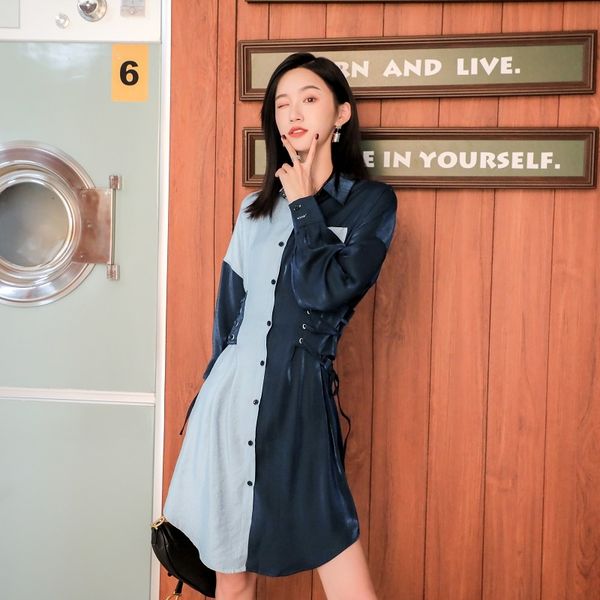 

fashion] tide autumn and winter new products fashion suit collar waist slimming temperament color matching dress female pa719, Black;gray