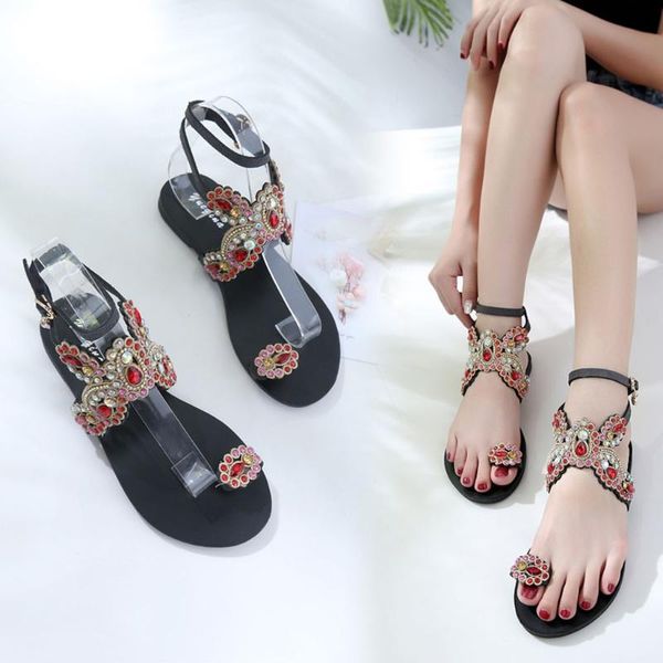 

women sandals roman national bohemian beach walk slippers shoes pinch crystal flat sandals for lady zapatillas mujer #yl10, Black