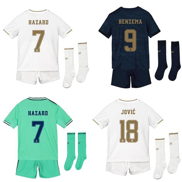 

2020 real madrid kids kit with socks home away 3rd child set 19 20 hazard benzema jovic soccer jerseys football uniform camisa de futebol, Black