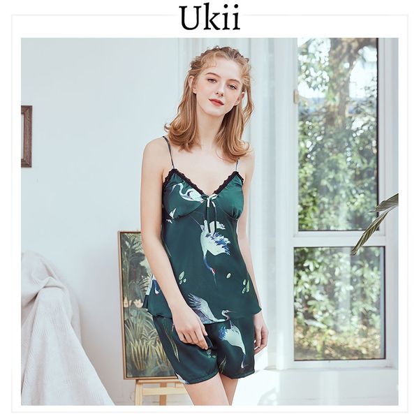 

ukii silk pajamas for women summer thin pajamas sleepwear set animal sleeveless spaghetti strap pijama mujer verano, Black;red