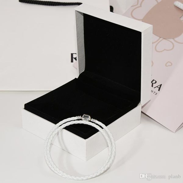 

men's jewelry white double layer leather rope hand chain bracelet for pandora charms 925 sterling silver bracelet with original box