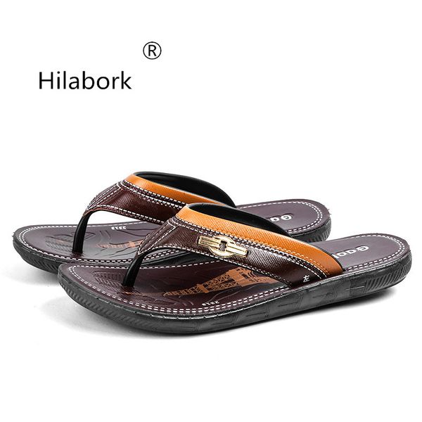 

hilabork 2019 summer leather men's slippers personality leather sandals casual non-slip pinch beach sandals men's word slippers, Black