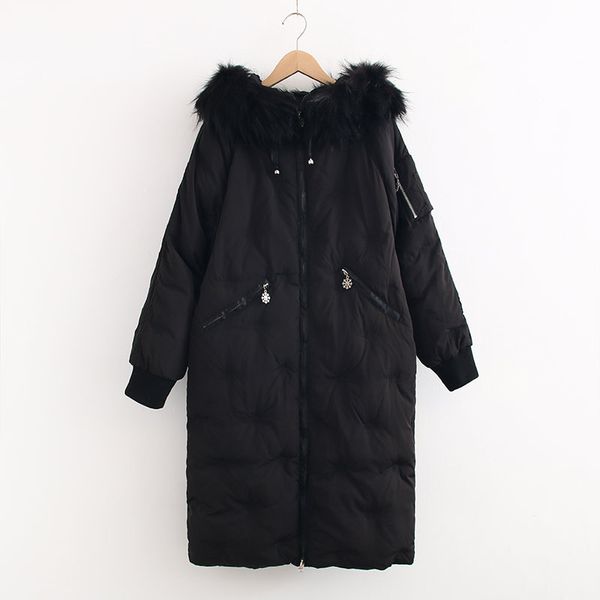 

women thick warm solid faux fur collar hooded casual padded jackets long coat famale 2019 winter fashion outwear loose parkas, Black