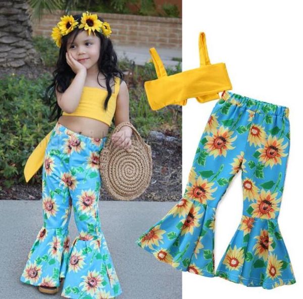 

kids designer clothes girls off shoulder strap solid sleeveless flower print pants cotton casual toddler newborn outfits 2pcs by1483, White