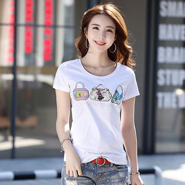 

new luxury runway women's beading sequined printed t-shirt cotton channel tees elegant office lady business slim graphic tees, White