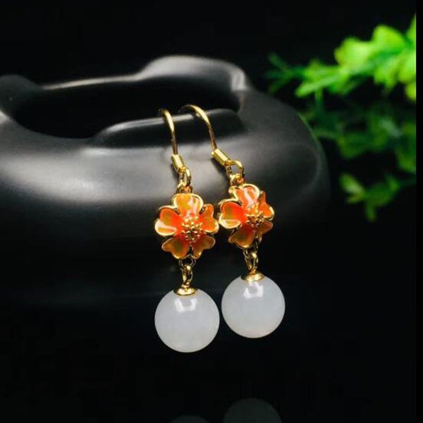 

real 925 sterling silver blooming flowers hook earrings drop with natural hetian jade beads vintage style, Golden;silver