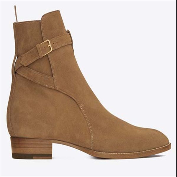 

2019 new spring brogue boots khaki solid buckle cow suede handmade real picture boots, Black