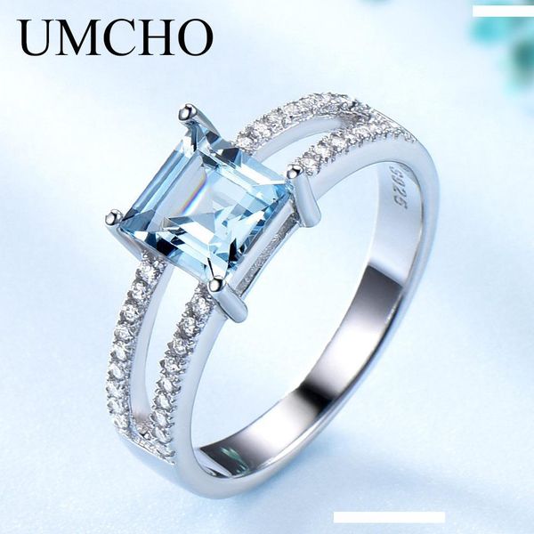 

umcho sky blue z rings for women 925 sterling silver wedding band anniversary dainty ring square cut gemstone fine jewelry, Golden;silver