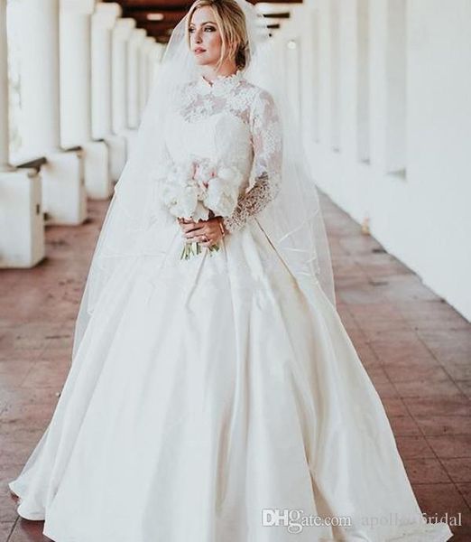 

muslim a line wedding dress high jewel neck lace applique satin long sleeve sweep train wedding dress bridal gowns vestidos de noiva, White