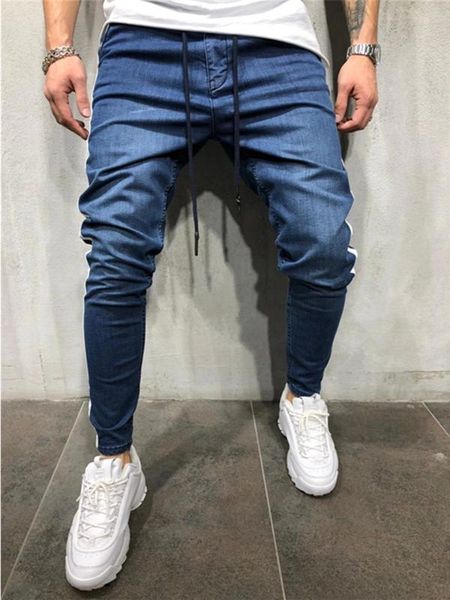 

men's mid slim jeans pencil pants shinny ruched denim black pant hip hop sportswear elastic cord joggers pants, Blue