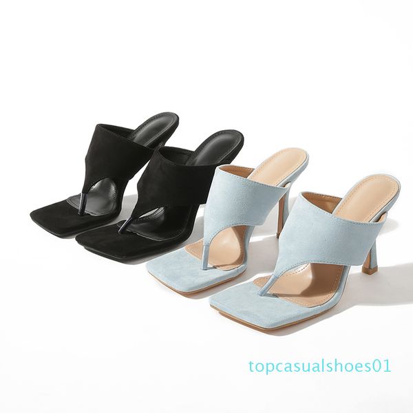 

pzilae 2020 new fashion ladys summer slippers flip flops high heels square toe solid black blue slippers women slides shoes t01