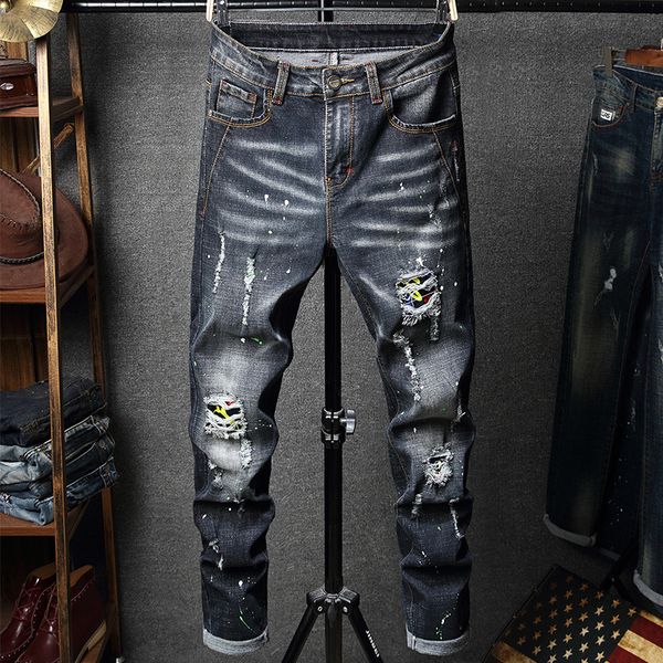 

2019 men streetwear ripped jeans pants with holes fashion hi street distressed denim trousers with patchwork denim trousers, Blue