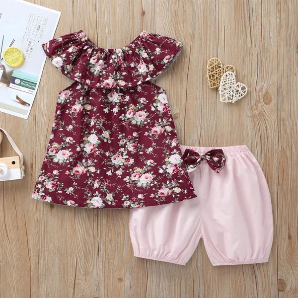 

summer toddler kids baby girls ruffle floral elastic waist t-shirt shorts outfits set girls clothes kids clothes w10, White