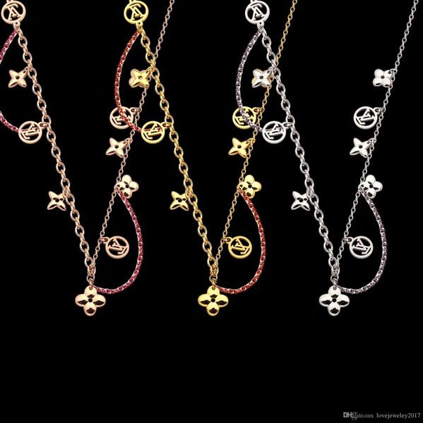

luxury jewelry rose gold four leaf flower pendant designer necklace 18k gold stainless sweater chain women long necklaces, Silver