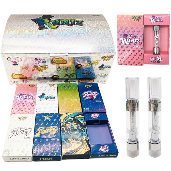 

Runtz Vape Картриджи Empty Одноразовые Vape ручки 0,8 мл 1мл Пресс Наконечник 510 Масло Патроны 1 грам Runtz Тележки Нажмите Упаковочная коробка испарители