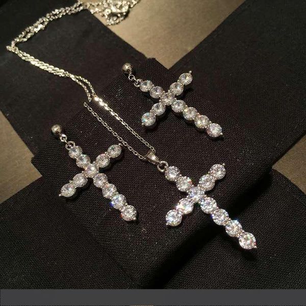 

new fashion women jewelry set whitte gold plated sparky cz cross earrings necklace set for girls women for party wedding nice gift, Silver