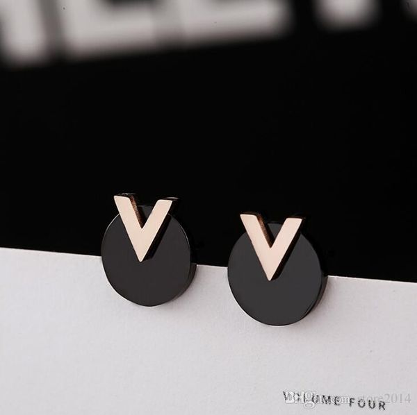 

2019 new designer earrings fashion titanium steel stud women's rose gold letter v earrings with logo, Golden;silver