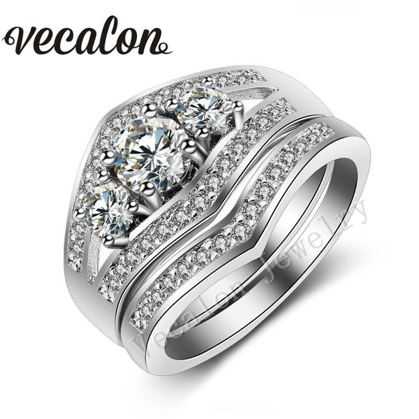 

vecalon 2016 three-stone 3ct simulated diamond cz wedding band ring set for women 10kt white gold filled engagement bridal sets, Slivery;golden