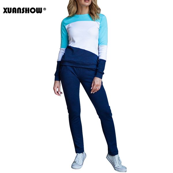

2019 new tracksuit women autumn winter splice long sleeve sweatshirt and long pant two piece set jogging femme clothes, White