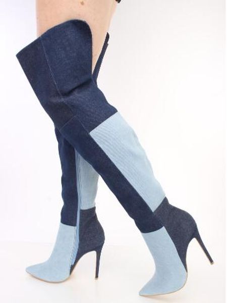

new winter brand woman blue patchwork jeans pointed toe long boots stiletto heels v-shaped back over the knee boots botas lady, Black