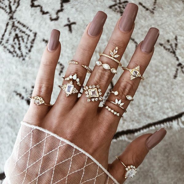 

12 pcs/set water drop rhinestone rings for women knuckle ring female 2019 fashion jewelry gold color simple style new, Golden;silver