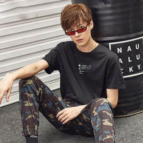

men solid color cotton t-shirt summer new t-shirt short sleeve print o-neck men trend loose leisure hip hop, White;black