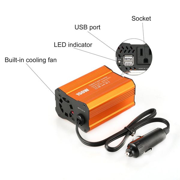 

dual usb 150w wadc 12v to ac 220v dc to ac portable car power inverter charger converter adapter modified sine wave