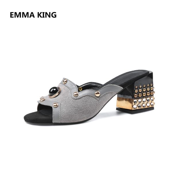 

2019 new runway women slippers summer mules shoes gold rivet designer chunky high heels street style ladies gladiator sandals, Black