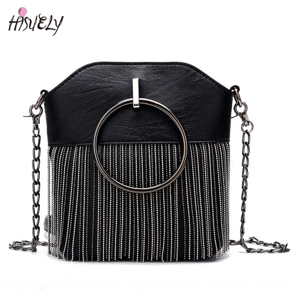 

hisuely new women pu leather handbags tassel fashion designer black bucket chain shoulder bags women messenger bag