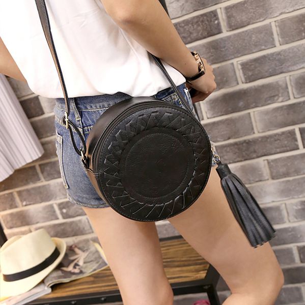 

new fashion women bag tassel round weave cross body shoulder bag ladies pu leather handbag cute roll girl beach bag bolsos mujer