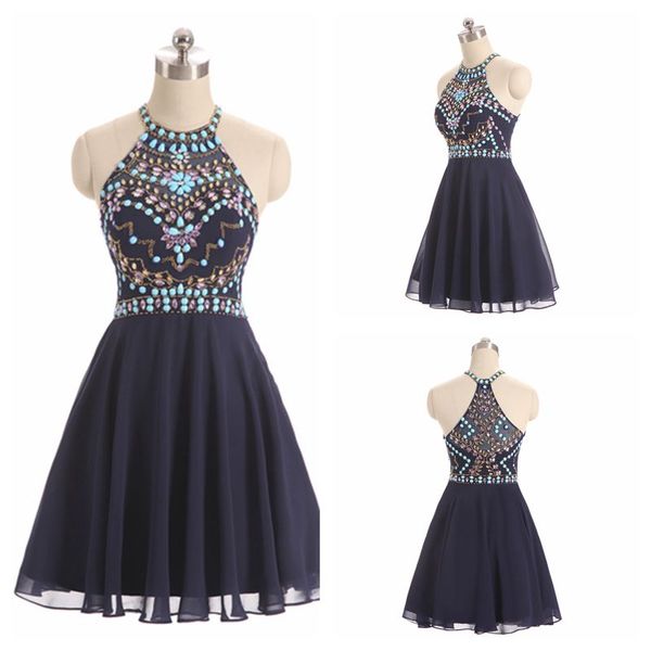 

chic o-neck sleeveless black homecoming dresses short mini rhinestones beading unique prom dresses zipper up back black party dresses, Blue;pink