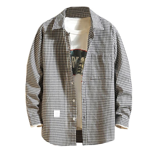 

autumn men's blouse shirts casual business plaid printing loose long sleeve vintage streetwear mens dress shirts clothing, White;black