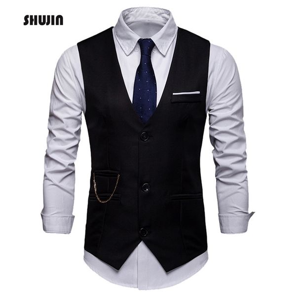 

shujin 2019 men casual solid slim fit suit vest single-breasted sleeveless business male formal v-neck retro vintage vest, Black;white
